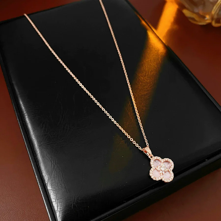 Copper Motherofpearl Clover Flower Earrings And Necklace Set With Zirconia Highend Fashion - Image 9