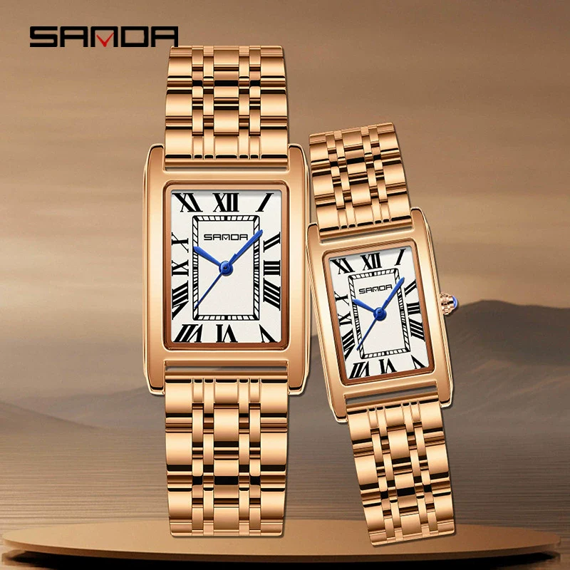 Couple Quartz Watch Square Alloy Alloy Case Steel Band Business Style Waterproof - Image 2