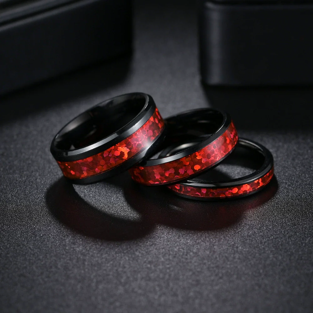 Couple Rings Titanium Steel Geometric Red Imitation Opal Jewelry Vacuum Plating - Image 3