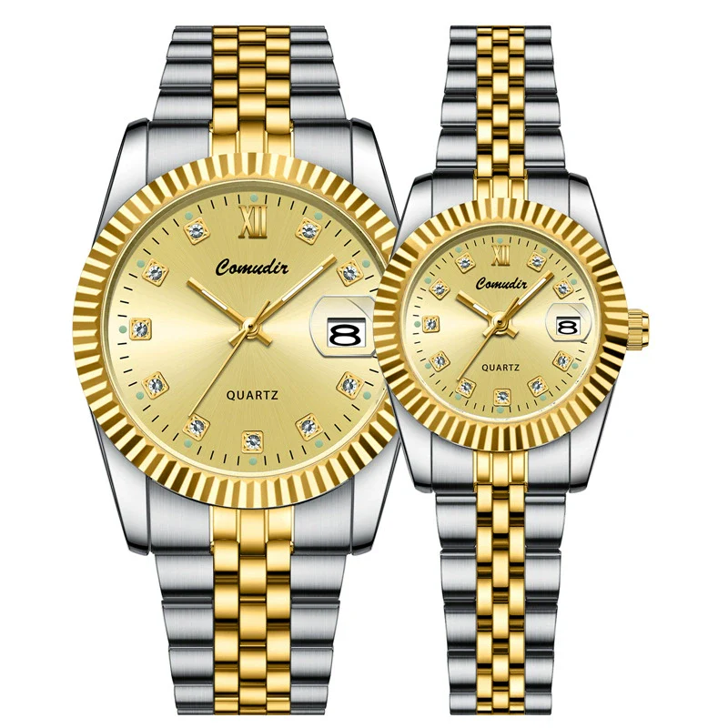 Couple Watches Alloy Stainless Steel Round Casual Quartz Business Style Waterproof Luminous Calendar - Image 3