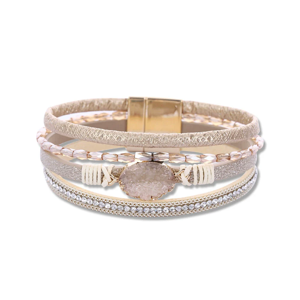 Crystal Leather Handwoven Bracelet With Leaves Pattern And Diamond Braid Design For Women - Image 7