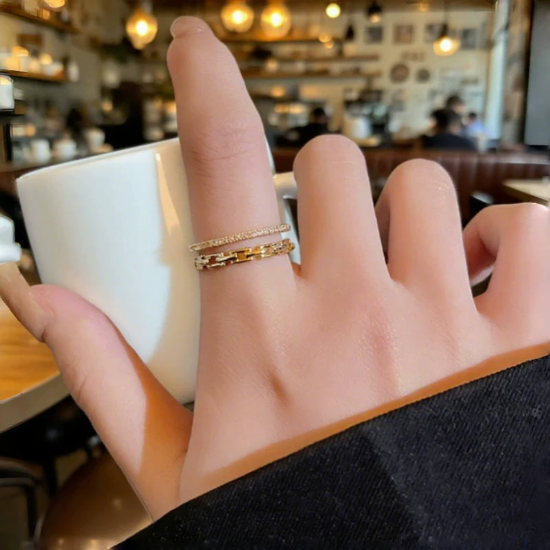 Doublelayer Rhinestone Ring For Women Geometric Light Luxury Electroplated - Image 2