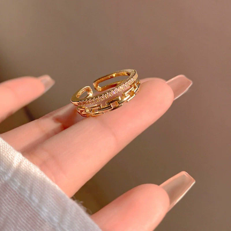 Doublelayer Rhinestone Ring For Women Geometric Light Luxury Electroplated - Image 3