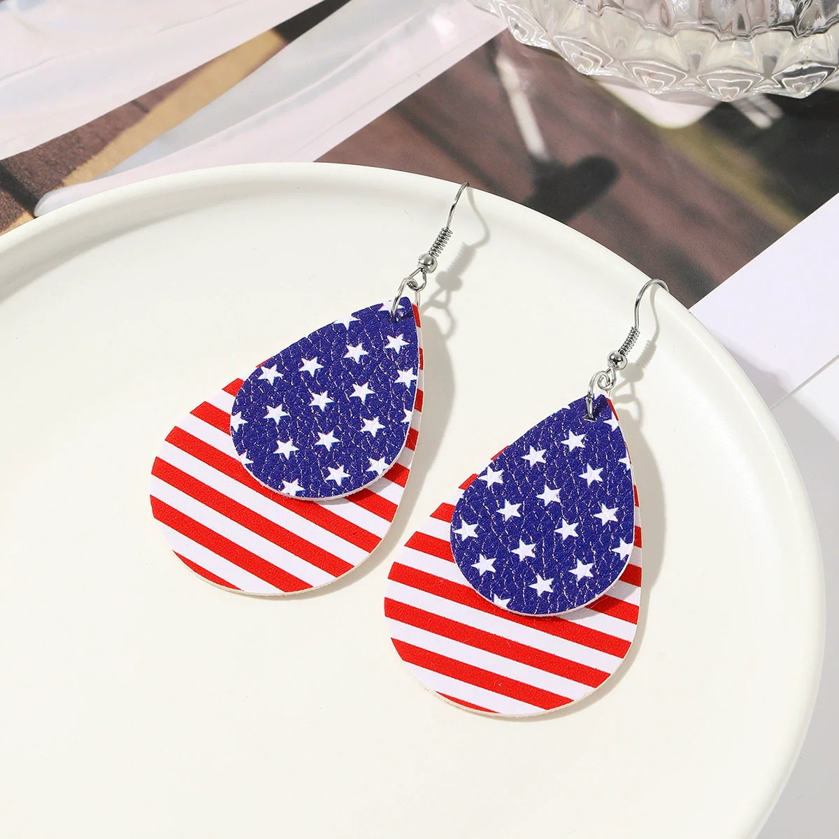 Doublelayer Teardropshaped Pu Leather Women's Earrings With Printing - Image 2