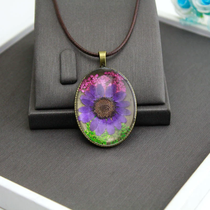 Dried Flower Necklace Glass And Glaze Pendant Pu Wax Rope Chain Drop Shape Minimalist And Geometric Style - Image 8