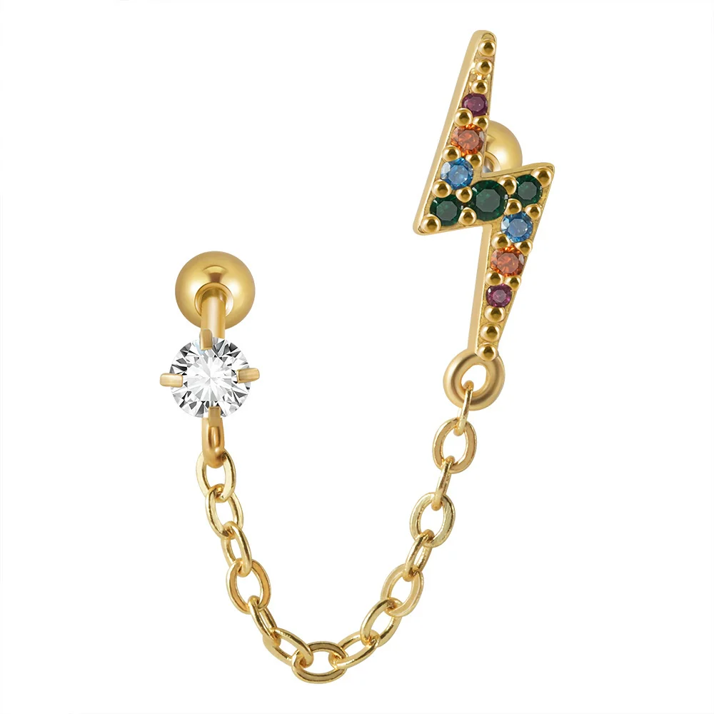 Ear Bone Stud And Chain Earrings Copper Inlaid White Blue Zircon Stainless Steel - Image 19