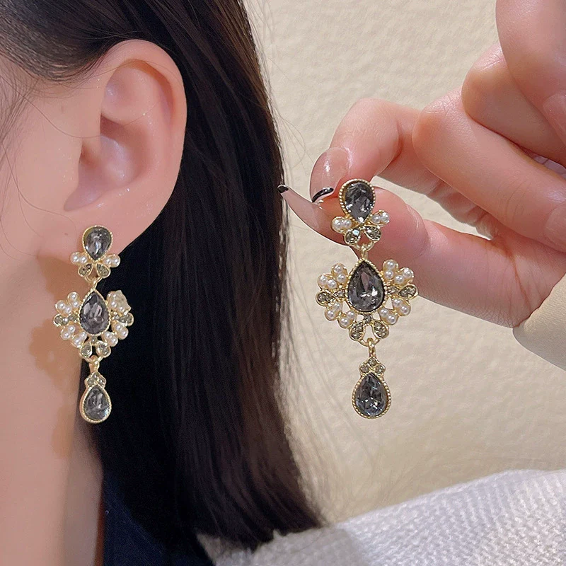 Earrings 925 Silver Pearl Drop Shape Baroque Retro Elegant Electroplating Alloy Women's - Image 4
