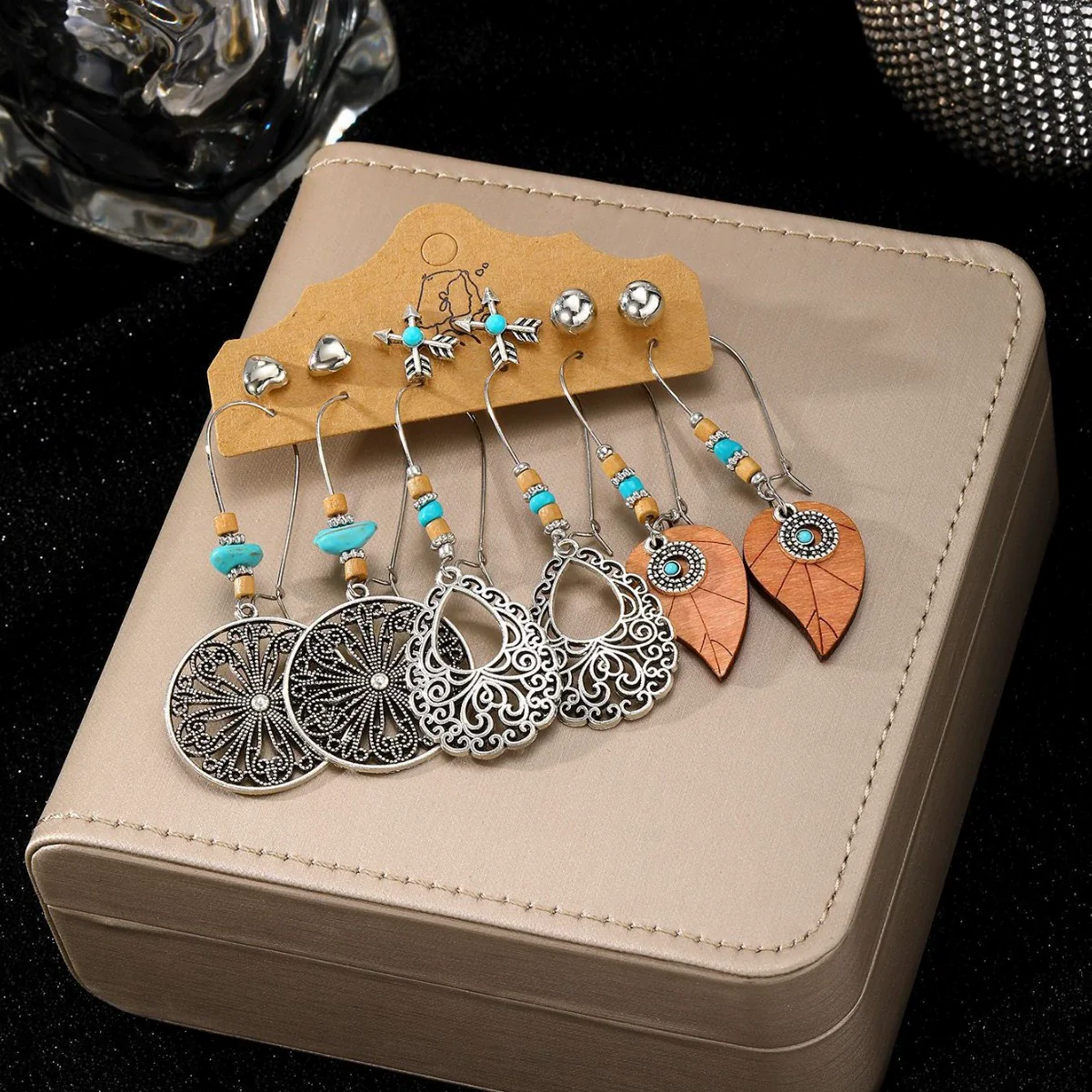 Earrings Mixed Materials Alloy Distressed Leaves Bohemian Style - Image 2