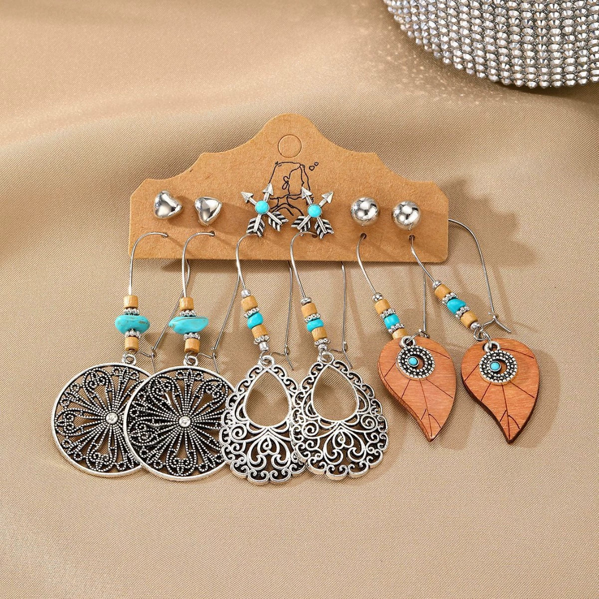 Earrings Mixed Materials Alloy Distressed Leaves Bohemian Style - Image 3