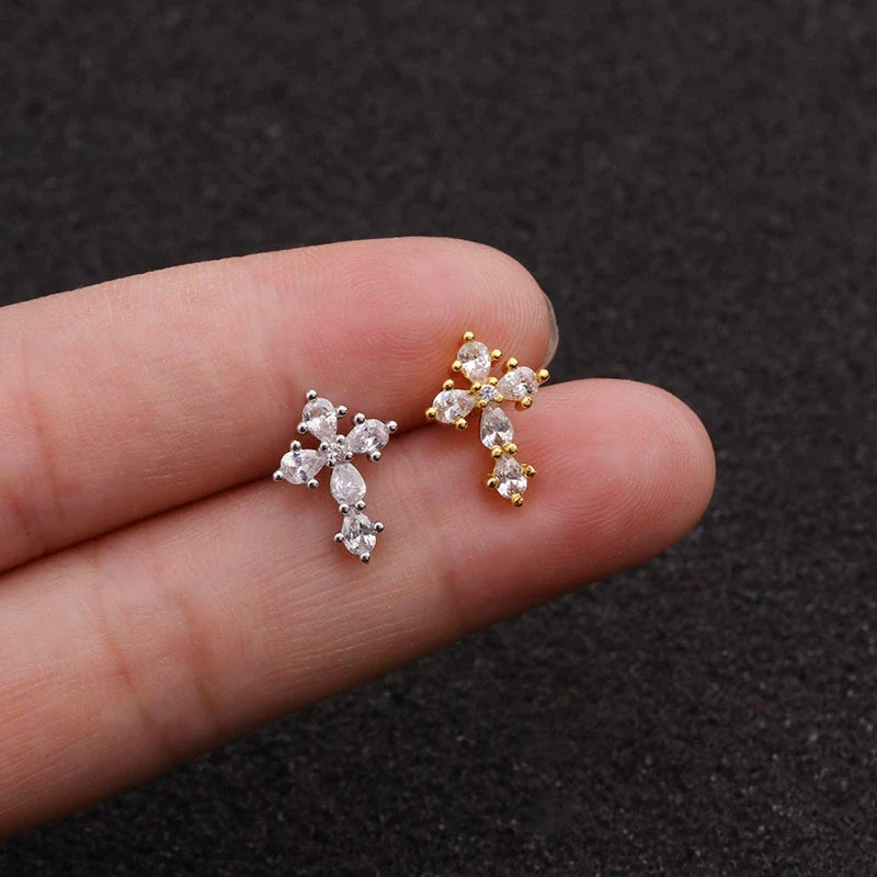 Earrings Stainless Steel Cross Thin Rod Inlaid Zircon With Letters Numbers Text