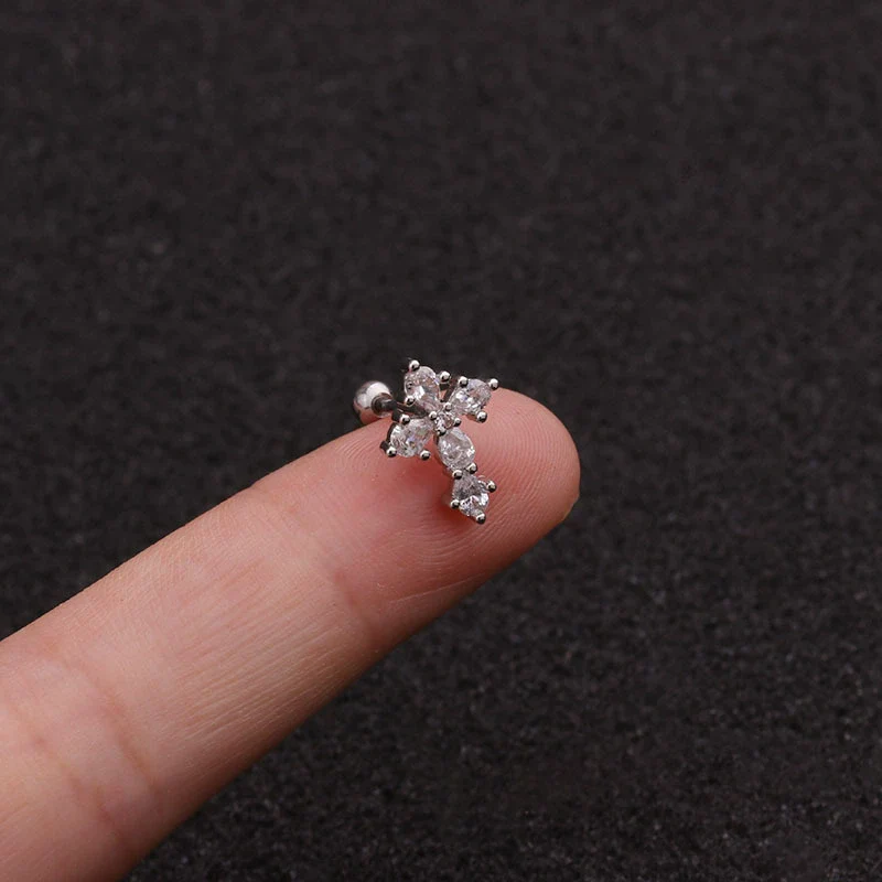 Earrings Stainless Steel Cross Thin Rod Inlaid Zircon With Letters Numbers Text - Image 3