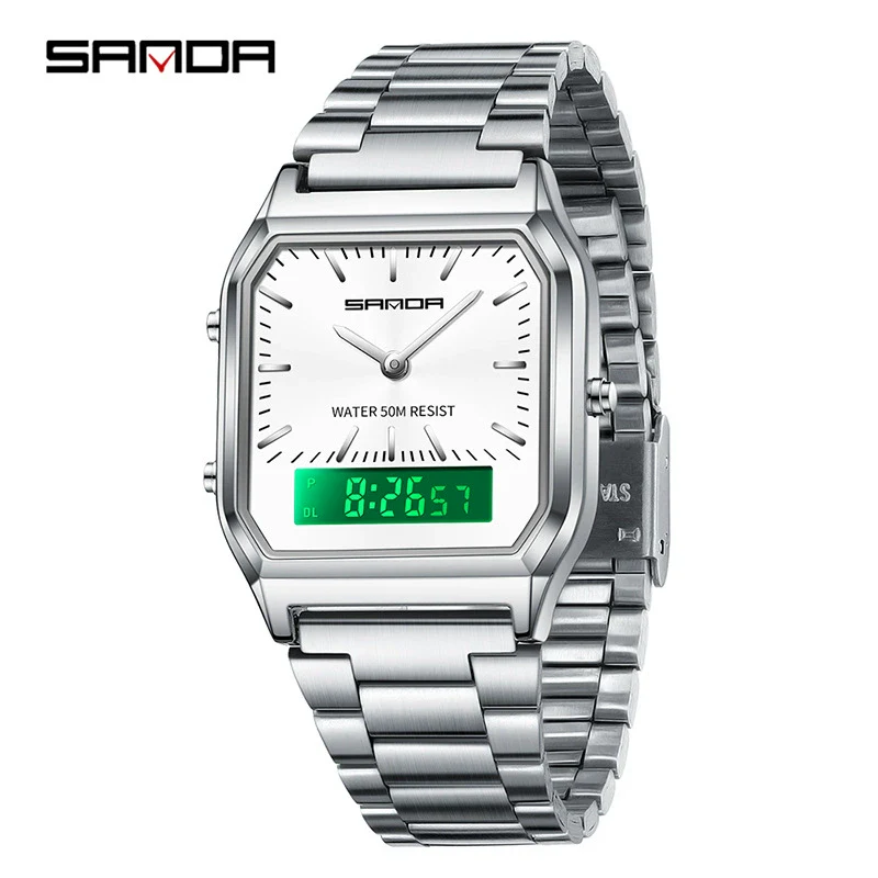 Electronic Watch Alloy Alloy Case Mineral Tempered Glass Mirror Steel Strip Band Square Dial Retro Business Style - Image 2