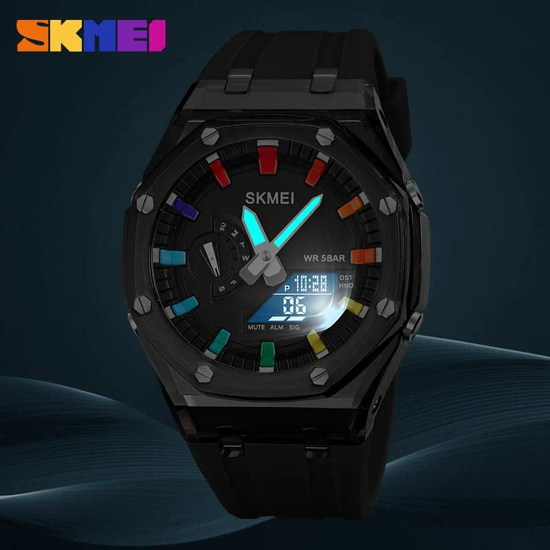 Electronic Watch Multifunctional Luminous Waterproof Pc Case Silicone Strap Round Dial For Men - Image 2