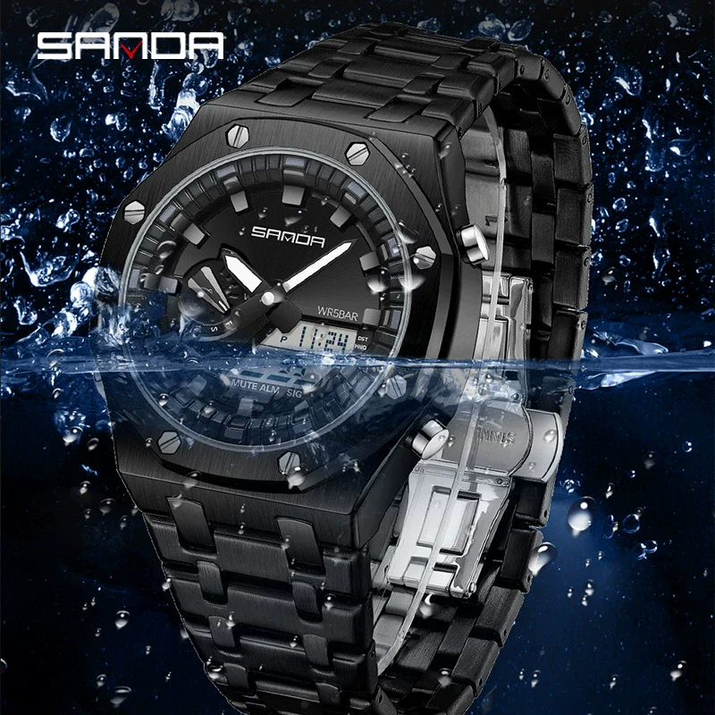 Electronic Watch Zinc Alloy Case Steel Band Round Dial Fashionable Multifunctional Men's Watch - Image 2
