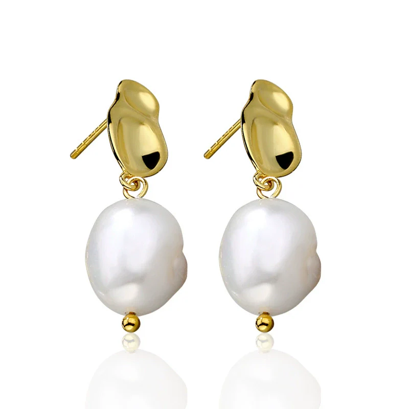 Elegant Baroque Irregular Beads Freshwater Pearl S925 Sterling Silver Electroplated Geometric Ear Stud Pendant Earrings - Image 5
