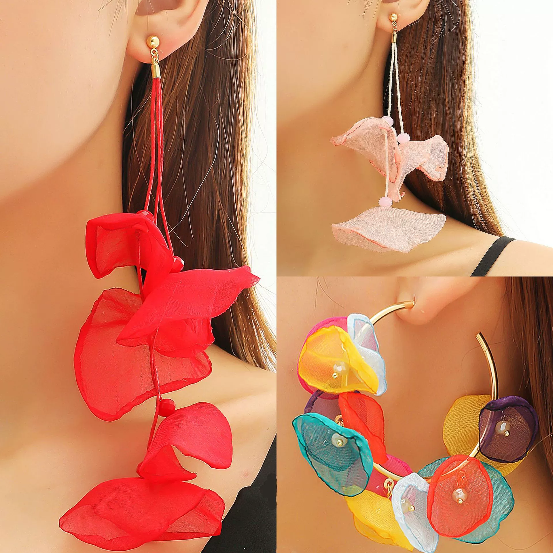 Exaggerated Flower Tassel Fabric Handmade Earrings Sweet Style