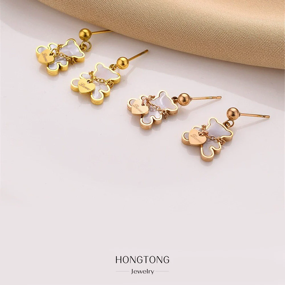 Exquisite Bear Pendant Stainless Steel Earrings For Female With Geometric Design