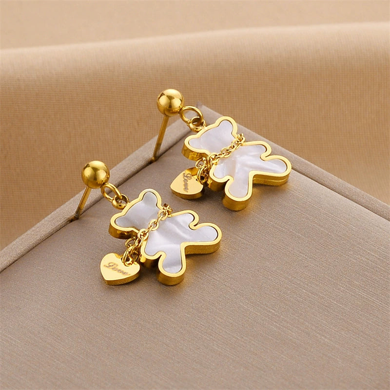 Exquisite Bear Pendant Stainless Steel Earrings For Female With Geometric Design - Image 6