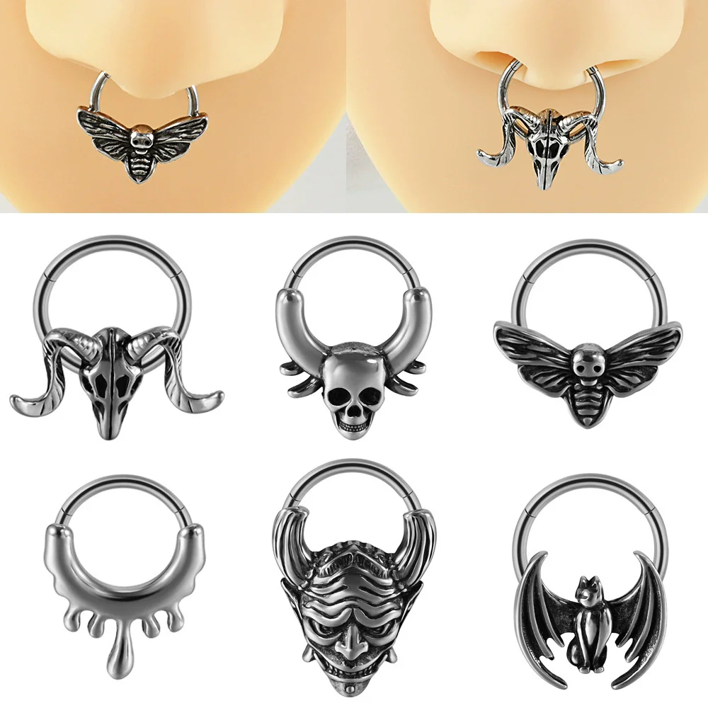 Fashion Ancient Silver Butterfly Nose Ring Stainless Steel Geometric Style With Polishing Also Ghost Head Cow Head Earrings And Bat Puncture Buckle Nose Ring