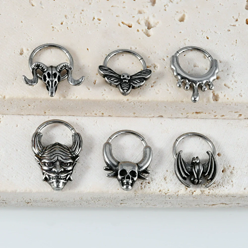 Fashion Ancient Silver Butterfly Nose Ring Stainless Steel Geometric Style With Polishing Also Ghost Head Cow Head Earrings And Bat Puncture Buckle Nose Ring - Image 2