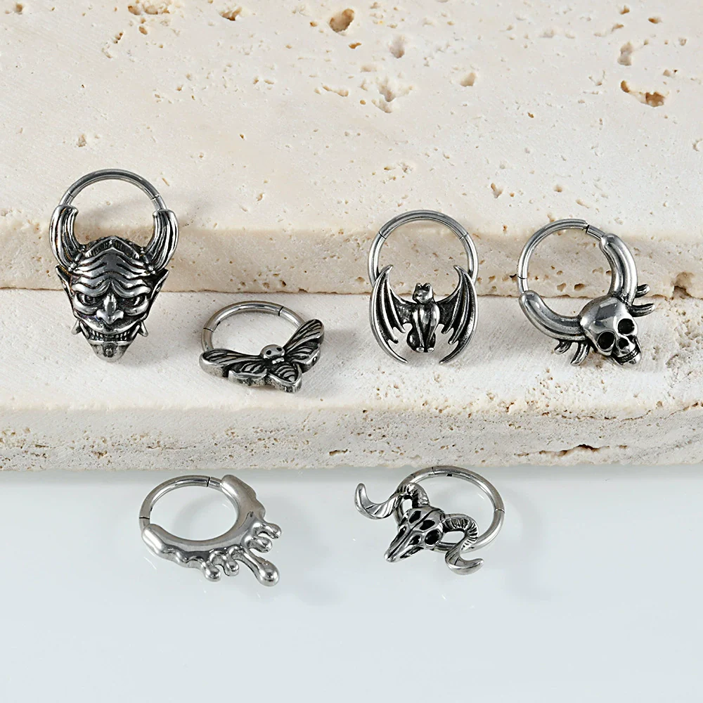 Fashion Ancient Silver Butterfly Nose Ring Stainless Steel Geometric Style With Polishing Also Ghost Head Cow Head Earrings And Bat Puncture Buckle Nose Ring - Image 3