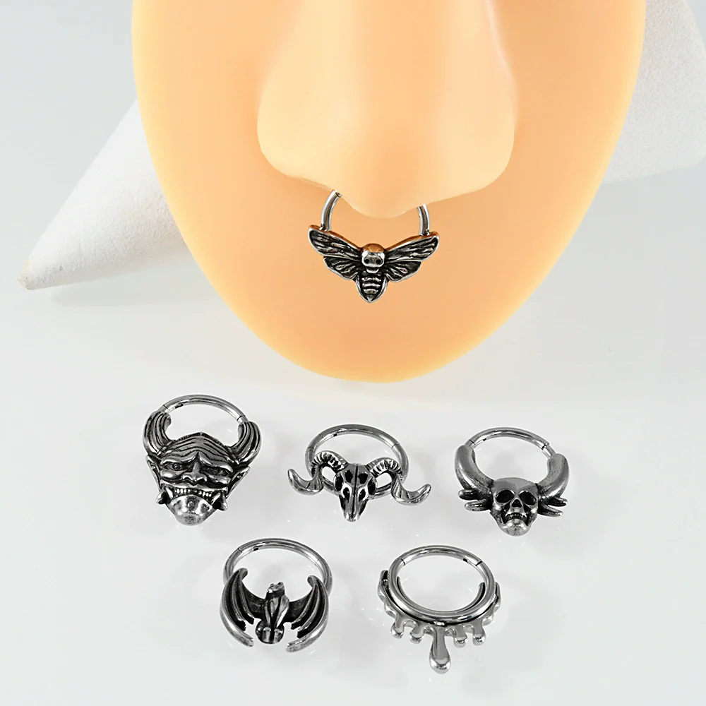 Fashion Ancient Silver Butterfly Nose Ring Stainless Steel Geometric Style With Polishing Also Ghost Head Cow Head Earrings And Bat Puncture Buckle Nose Ring - Image 4