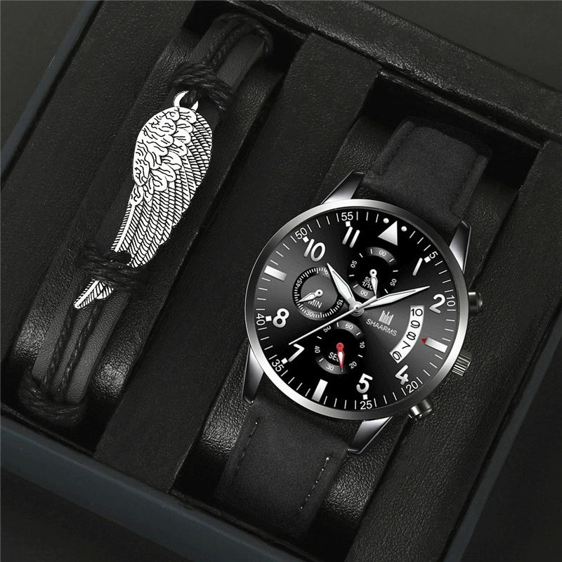 Fashion Casual Wings Bracelet Set And Men's Quartz Watch Alloy Case Imitation Leather Strap Stainless Steel Clasp Round Dial