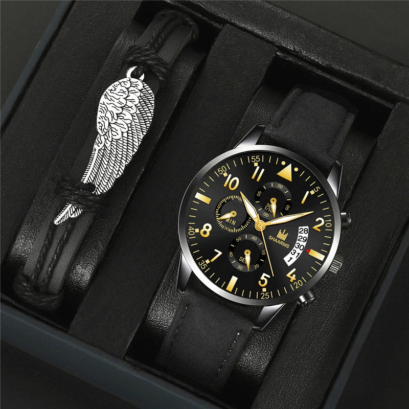 Fashion Casual Wings Bracelet Set And Men's Quartz Watch Alloy Case Imitation Leather Strap Stainless Steel Clasp Round Dial - Image 2