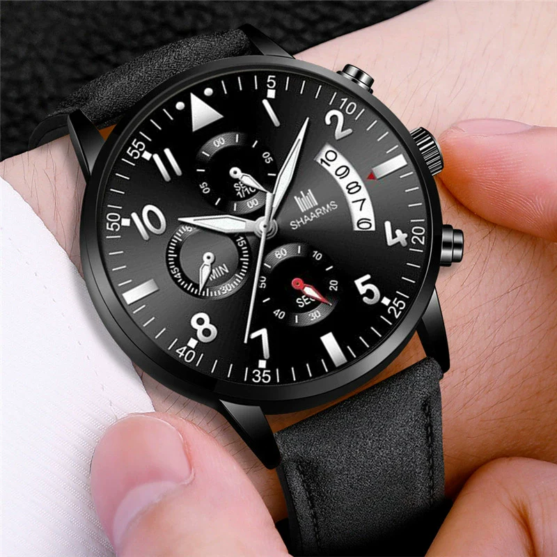 Fashion Casual Wings Bracelet Set And Men's Quartz Watch Alloy Case Imitation Leather Strap Stainless Steel Clasp Round Dial - Image 4