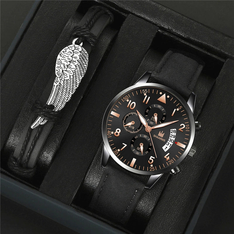 Fashion Casual Wings Bracelet Set And Men's Quartz Watch Alloy Case Imitation Leather Strap Stainless Steel Clasp Round Dial - Image 6