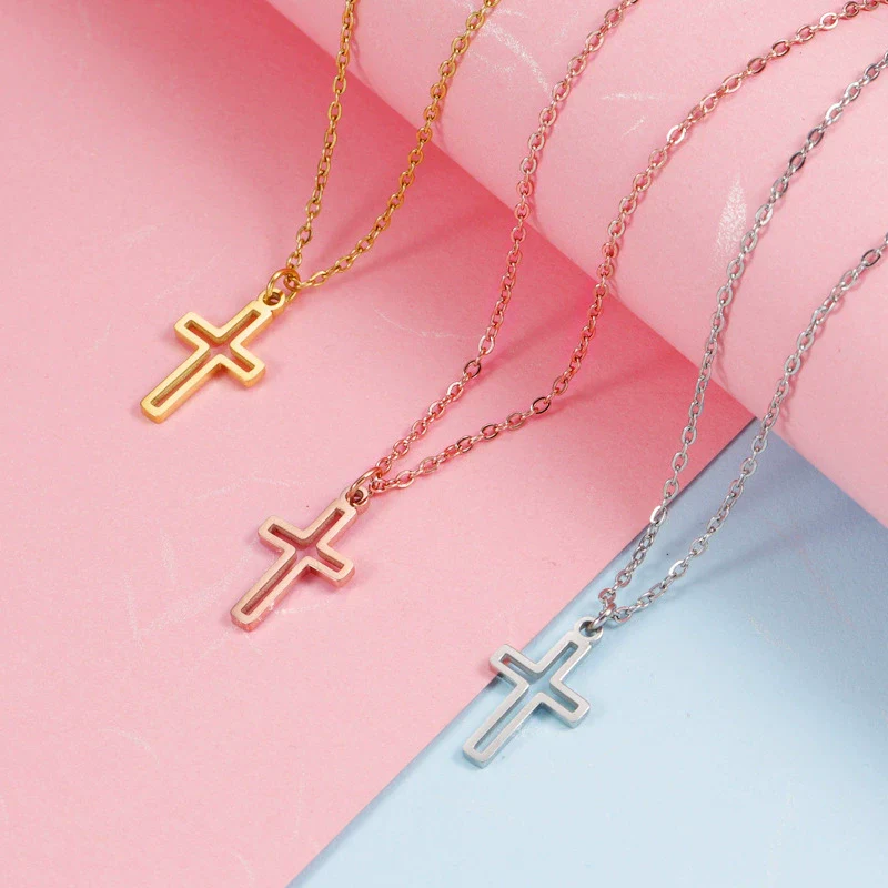 Fashion Clavicle Chain Stainless Steel Hollow Cross Pendant Geometric Design Fine Polished