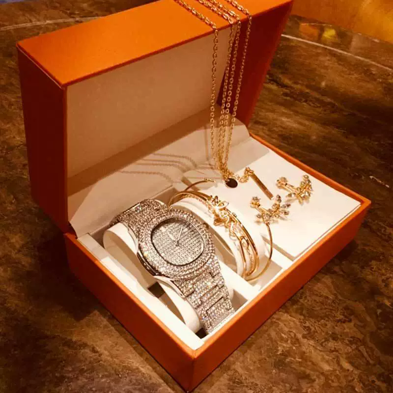 Fashion Creative Alloy Stainless Steel Round Watch And Bracelet Earrings Necklace Set For Female - Image 10