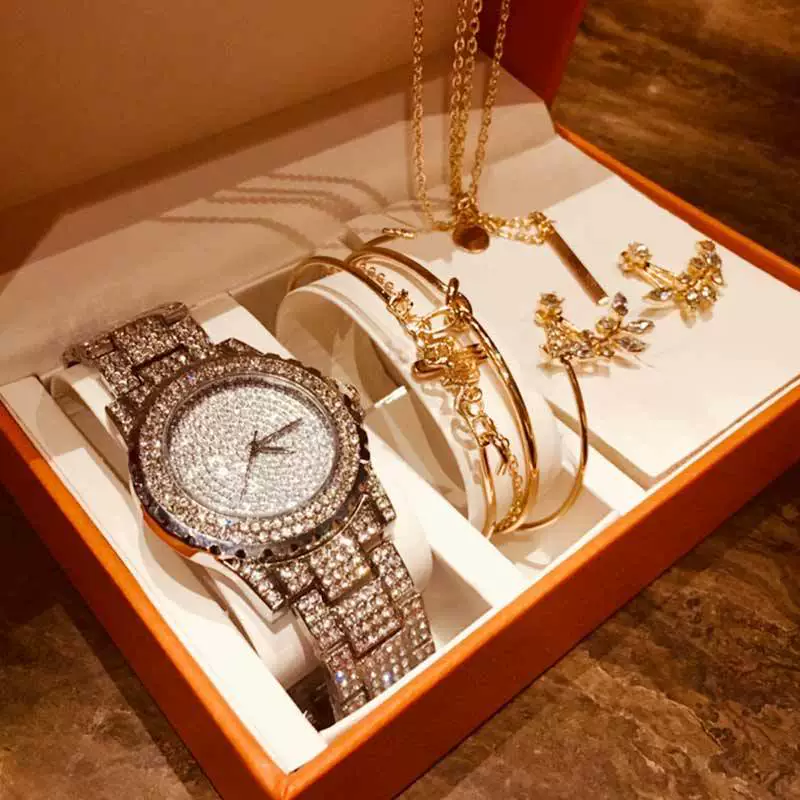 Fashion Creative Alloy Stainless Steel Round Watch And Bracelet Earrings Necklace Set For Female - Image 3