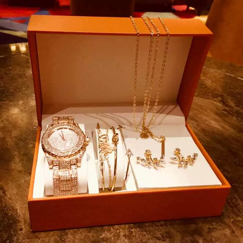 Fashion Creative Alloy Stainless Steel Round Watch And Bracelet Earrings Necklace Set For Female - Image 4
