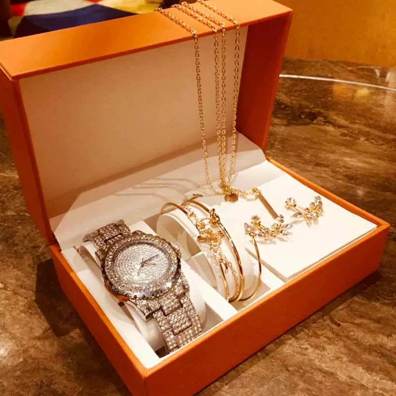 Fashion Creative Alloy Stainless Steel Round Watch And Bracelet Earrings Necklace Set For Female - Image 5