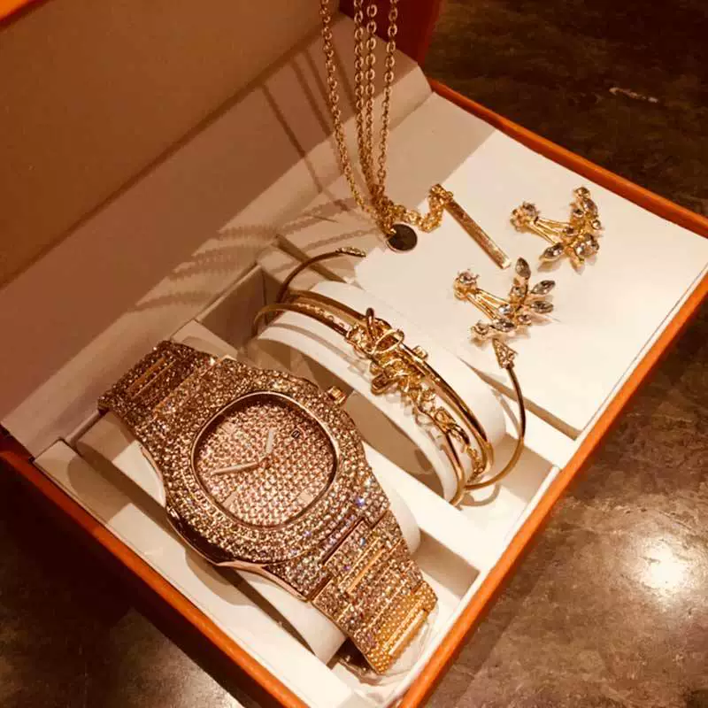 Fashion Creative Alloy Stainless Steel Round Watch And Bracelet Earrings Necklace Set For Female - Image 8