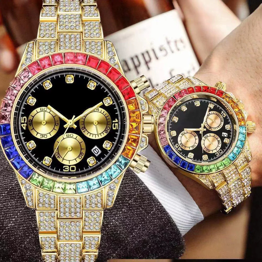 Fashion Fake Three Eyes Color Diamond Quartz Watch Alloy Steel Band Round Dial For Men
