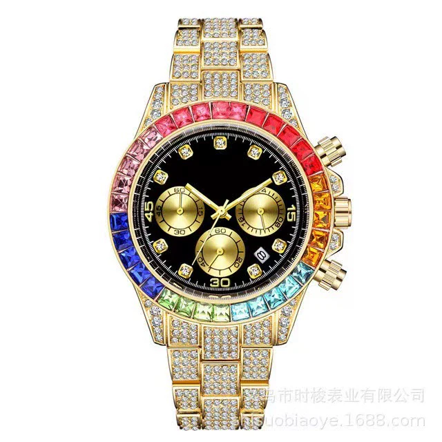 Fashion Fake Three Eyes Color Diamond Quartz Watch Alloy Steel Band Round Dial For Men - Image 4