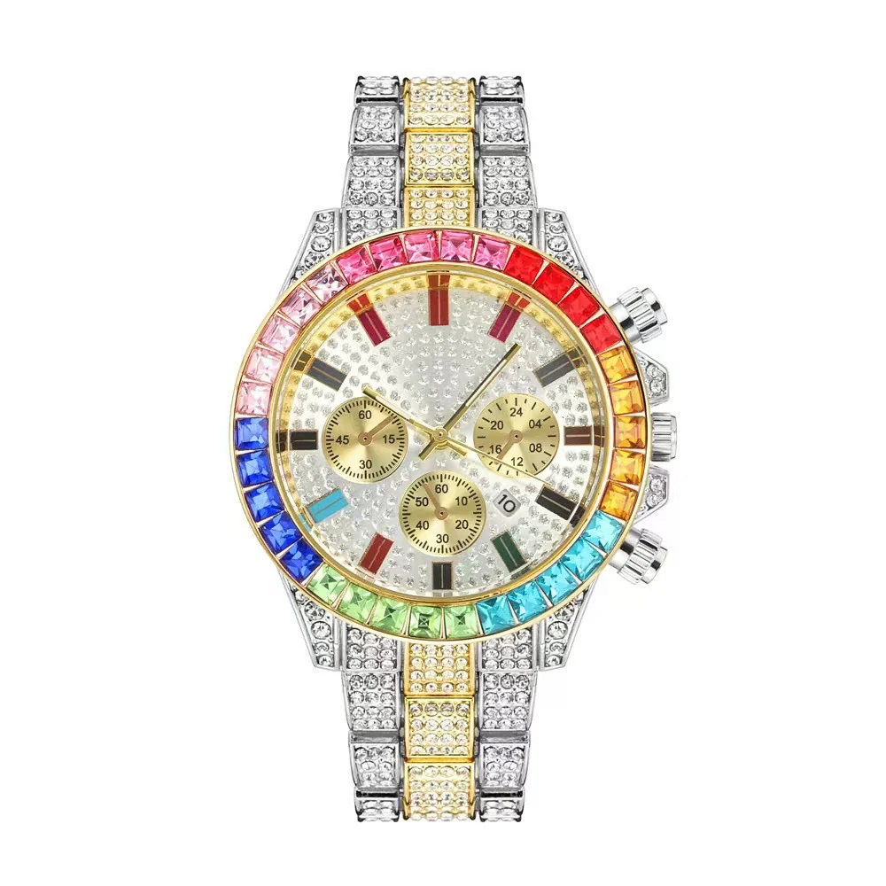 Fashion Fake Three Eyes Color Diamond Quartz Watch Alloy Steel Band Round Dial For Men - Image 6