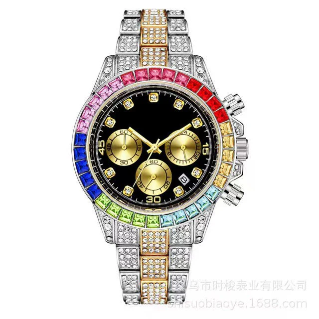 Fashion Fake Three Eyes Color Diamond Quartz Watch Alloy Steel Band Round Dial For Men - Image 7