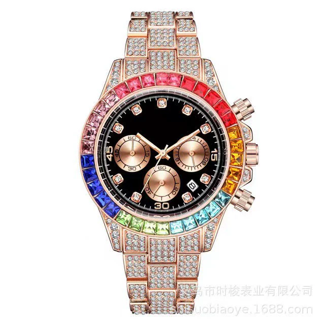 Fashion Fake Three Eyes Color Diamond Quartz Watch Alloy Steel Band Round Dial For Men - Image 9
