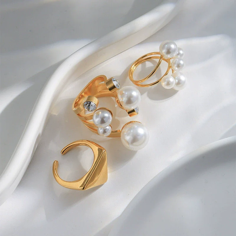 Fashion Geometric Pearl Exaggerated Opening Ring Stainless Steel Gold Plated Jewelry