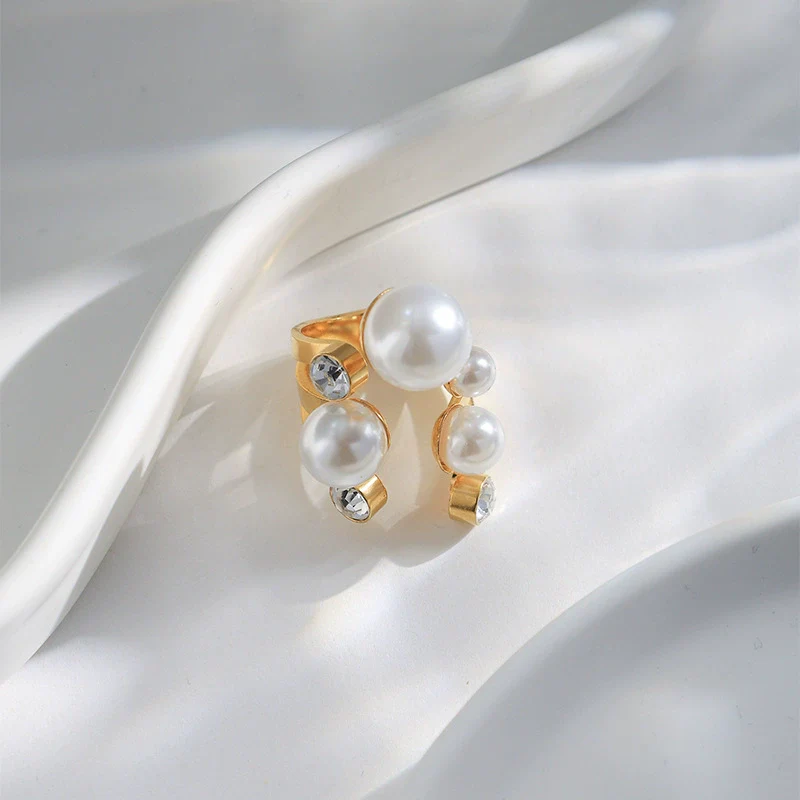 Fashion Geometric Pearl Exaggerated Opening Ring Stainless Steel Gold Plated Jewelry - Image 2