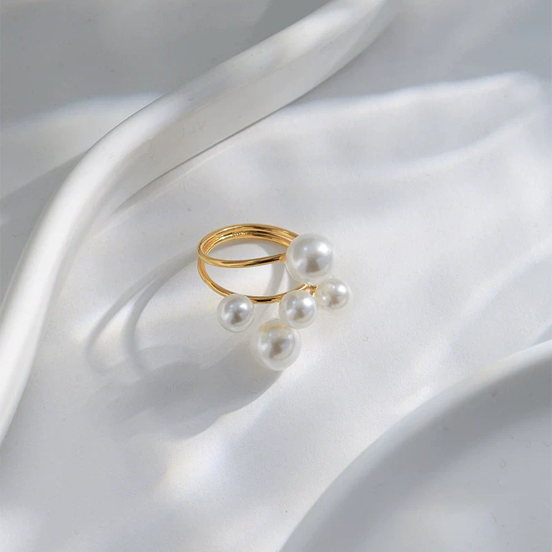 Fashion Geometric Pearl Exaggerated Opening Ring Stainless Steel Gold Plated Jewelry - Image 3