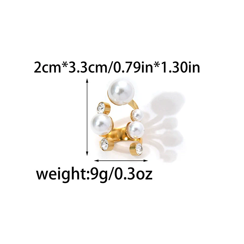 Fashion Geometric Pearl Exaggerated Opening Ring Stainless Steel Gold Plated Jewelry - Image 6