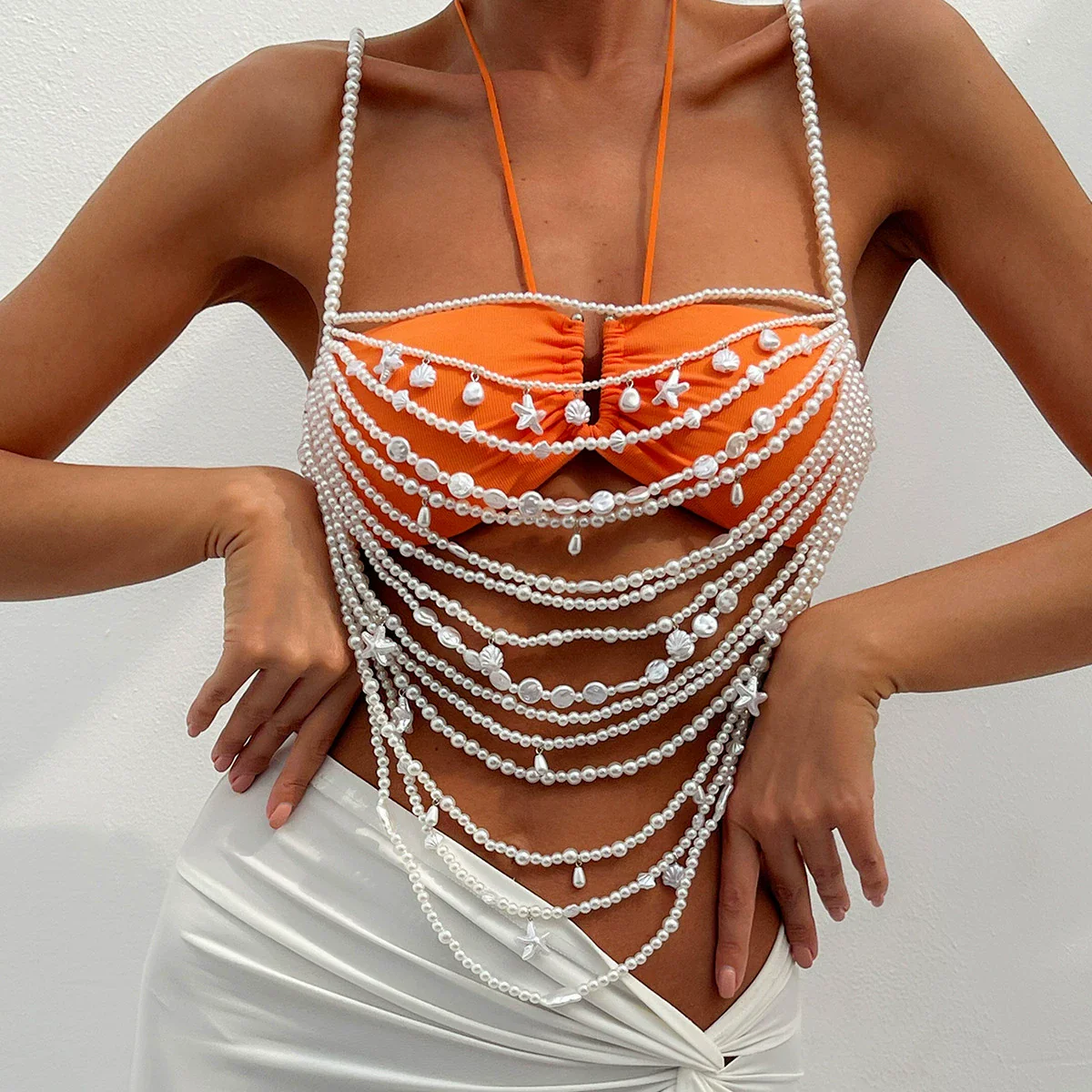 Fashion Handmade Imitation Pearl Bikini Chest And Body Chain With Starfish And Fan Shell For Women