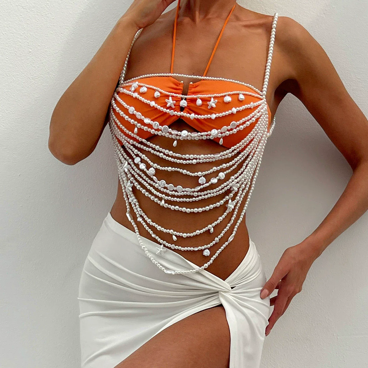 Fashion Handmade Imitation Pearl Bikini Chest And Body Chain With Starfish And Fan Shell For Women - Image 2