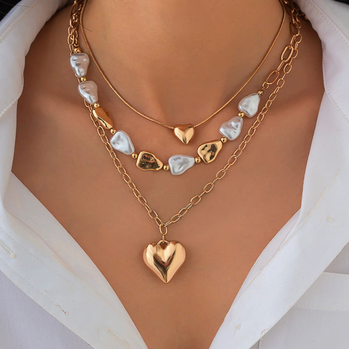 Fashion Ins Metal Love Pendant Necklace Alloy Copper Iron Imitation Pearls Cross Chain Electroplating For Women