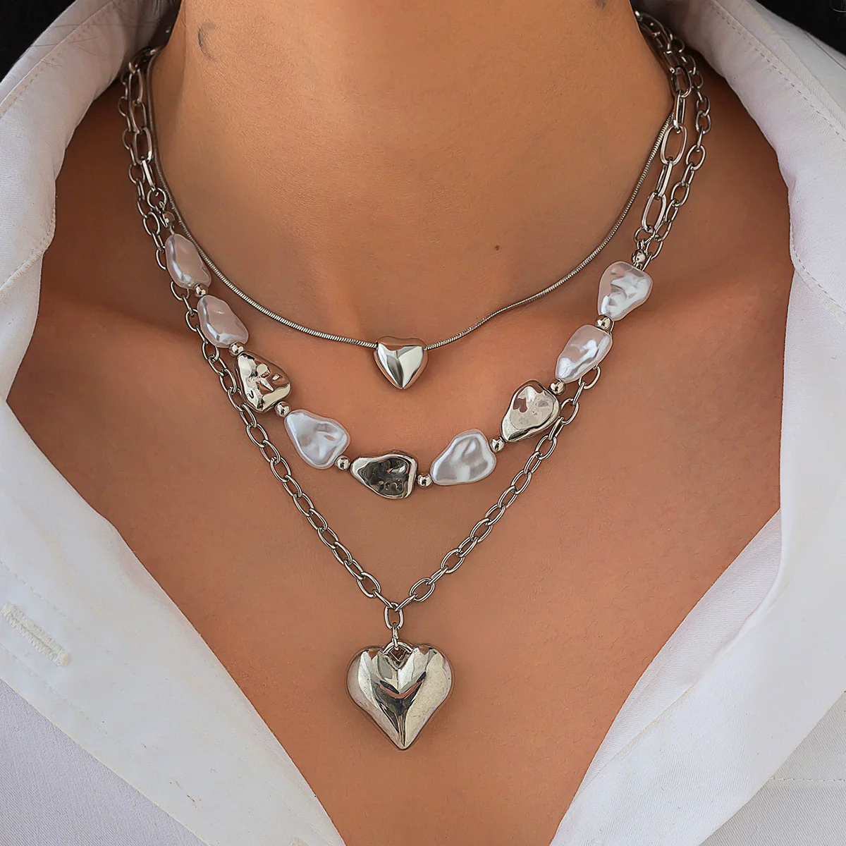 Fashion Ins Metal Love Pendant Necklace Alloy Copper Iron Imitation Pearls Cross Chain Electroplating For Women - Image 2