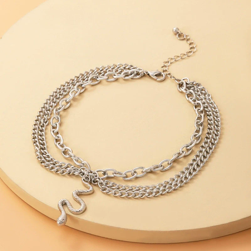 Fashion Jewelry Alloy Heart Shaped Chain Tassel Snake Pendant Three Layer Anklet For Women - Image 4